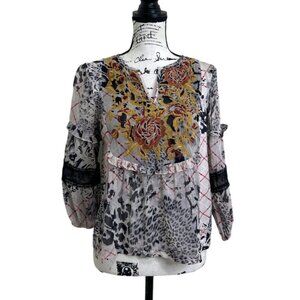 Anthropologie Women's Size S Top Floral Embroidered Boho 3/4 Sleeve Mixed Print